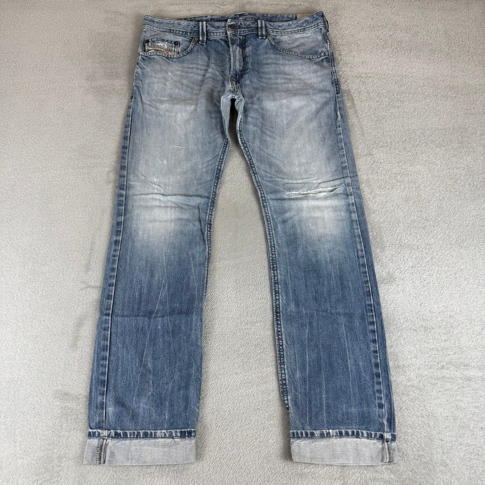 Diesel Thavar Slim Skinny Jeans Mens 36x32 Blue Denim Distressed Cotton Whisker